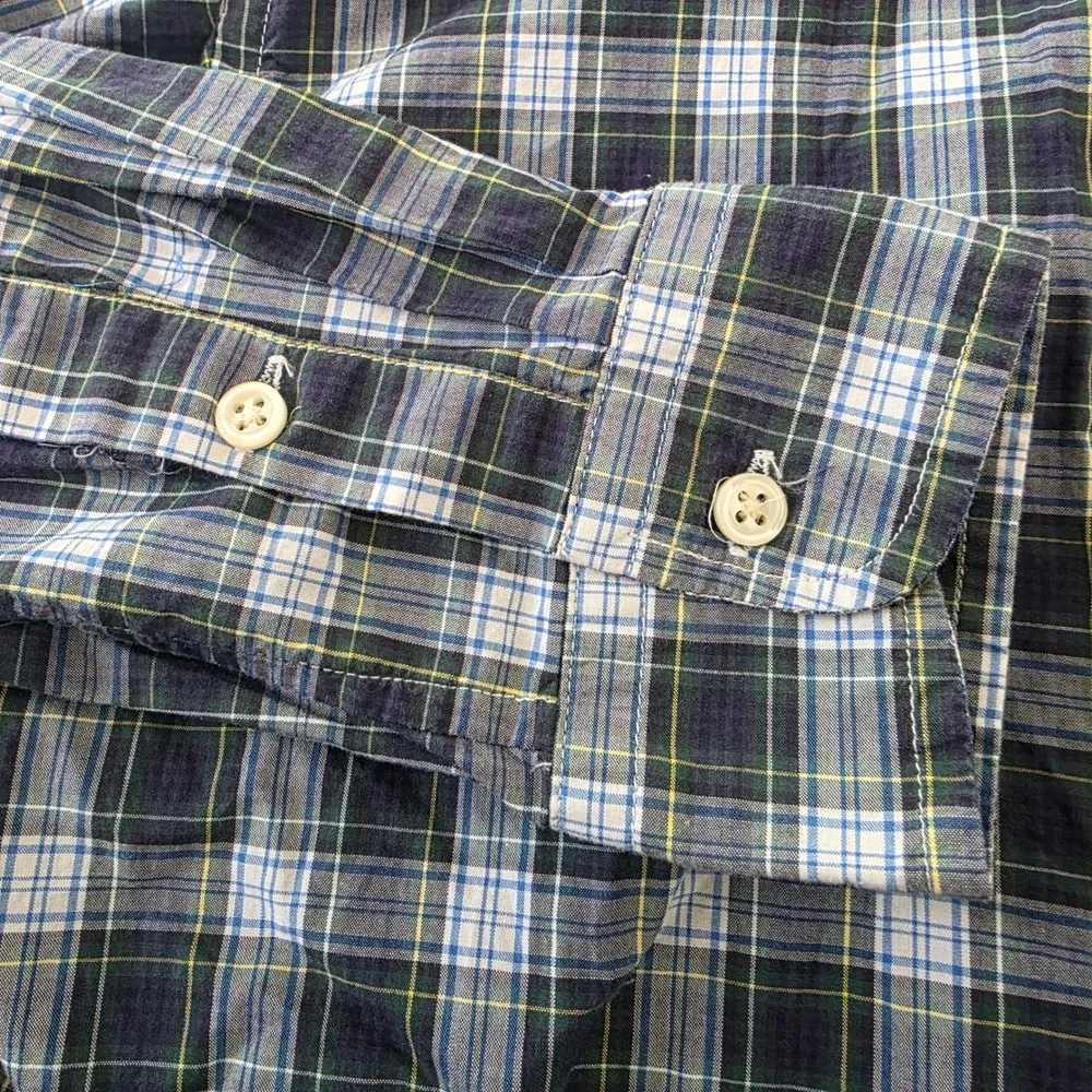 Ralph Lauren Kids Navy Blue Green Plaid Button Down Shirt L 14-16 Cotton Pony